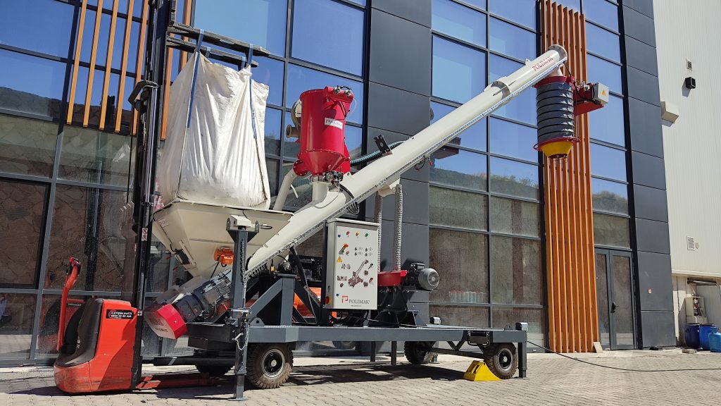 Forklift handled bigbag feeding mobile screw conveyor hopper FIBC unloading, loading bellow, dust collector and screw conveyor on mobile unit