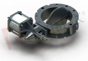 Butterfly valve pneumatic actuator bulk solid discharge