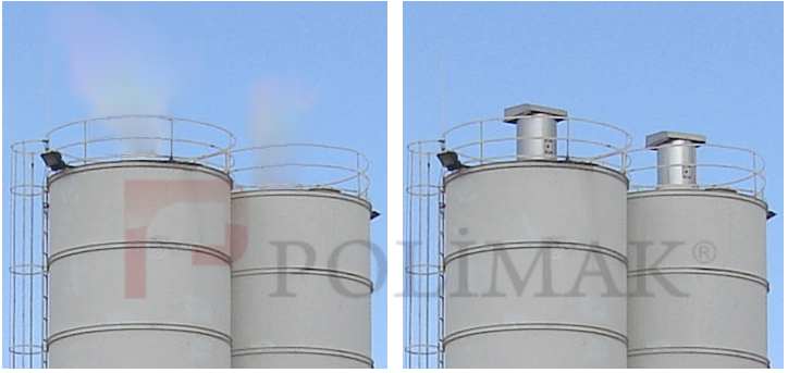 Dust emission from cement silo without jet filter and prevented emission with jet filter installed on the cement silo.