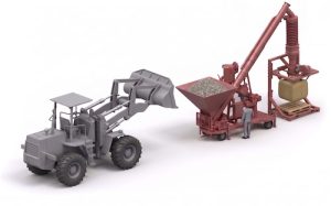 BUlk Bag filling and packaging system fed from mobile transloading machine. Front and Loader collects material from stockpile